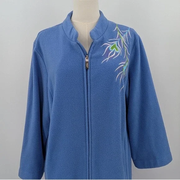 Boho Bob Mackie Wearable Art Peacock‎ Fleece Robe Sz. L Blue embroidered